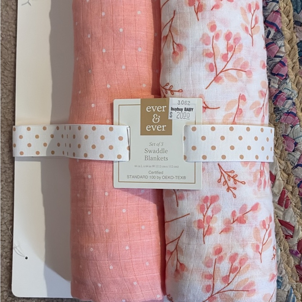 Pink and White Floral Swaddle Blanket Set. 2 in package.